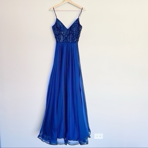 La Femme Sparkle Lace Chiffon Gown Marine Blue 28664 - Picture 8 of 14